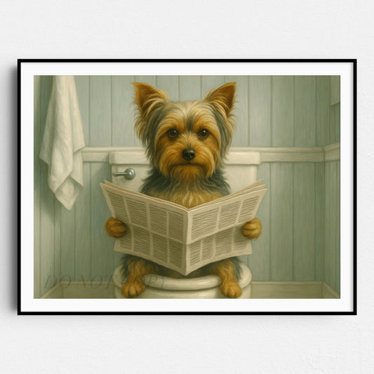 Yorkshire Terrier Reading The Newspaper On The Toilet