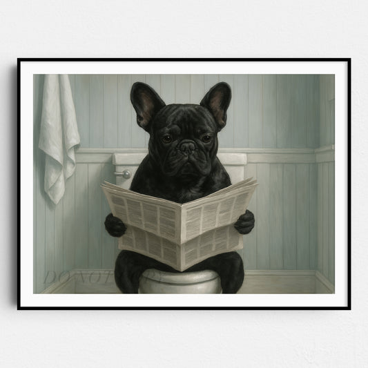 French Bulldog Reading The Newspaper On The Toilet