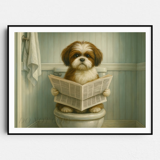 Shih Tzu Reading The Newspaper On The Toilet