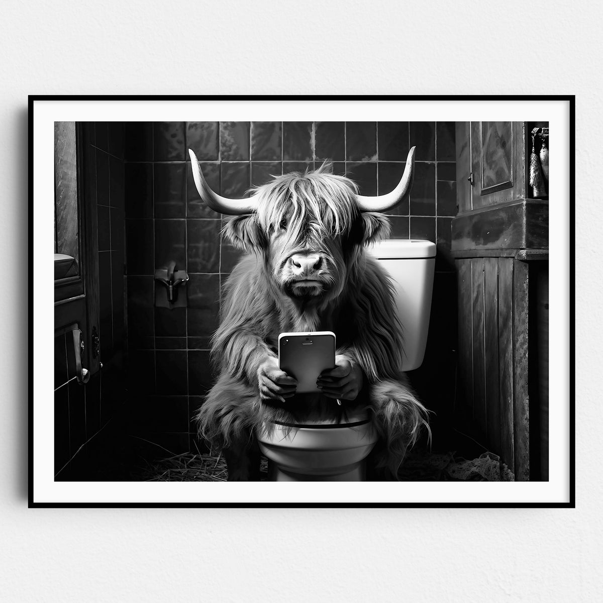 Highland Cow On The Toilet On The Phone