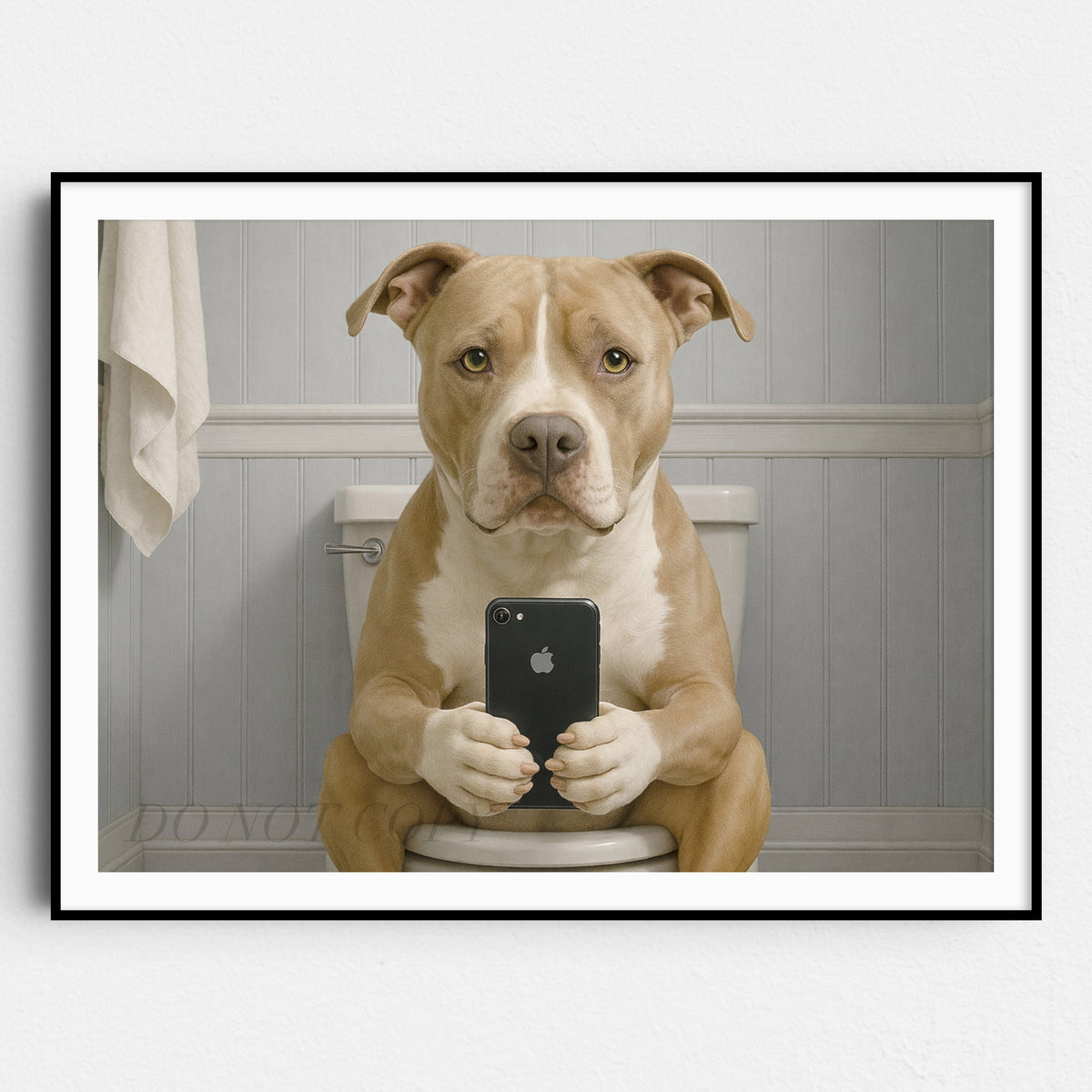 American Pit Bull Terrier Dog On The Phone On The Toilet