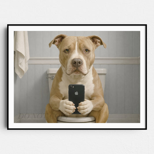 American Pit Bull Terrier Dog On The Phone On The Toilet