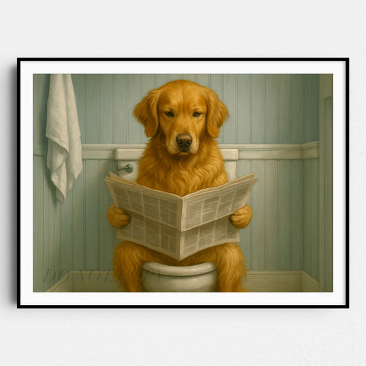 Golden Retriever Reading The Newspaper On The Toilet