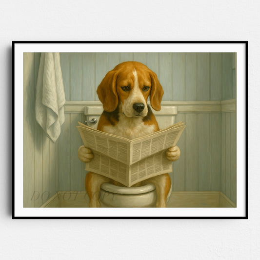 Beagle Reading The Newspaper On The Toilet