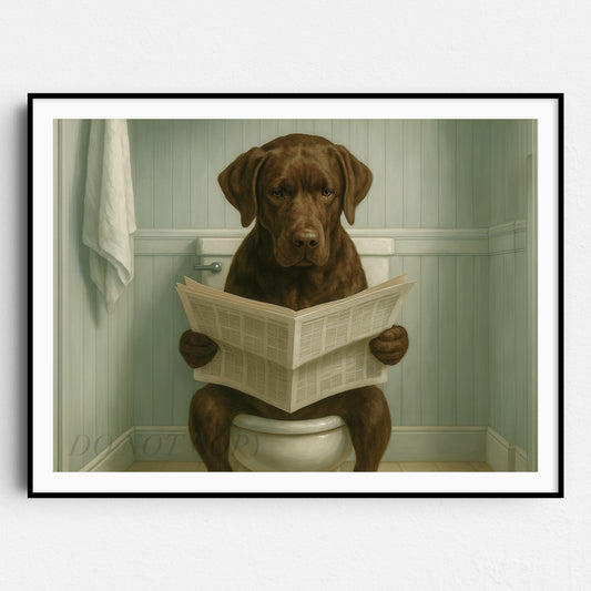 Chocolate Labrador Retriever Reading The Newspaper On The Toilet