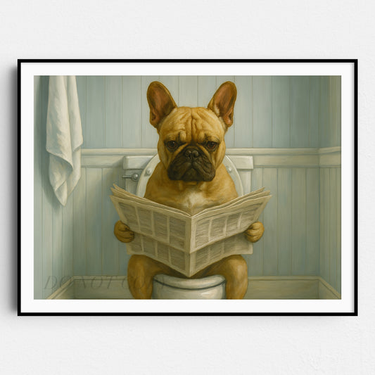 French Bulldog Reading The Newspaper On The Toilet
