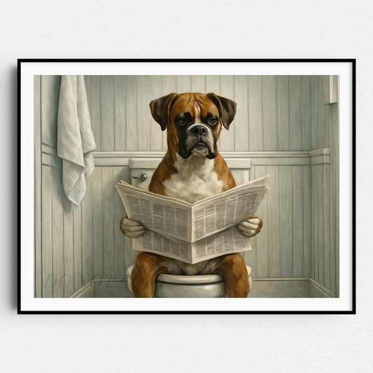 Boxer Dog Reading The Newspaper On The Toilet