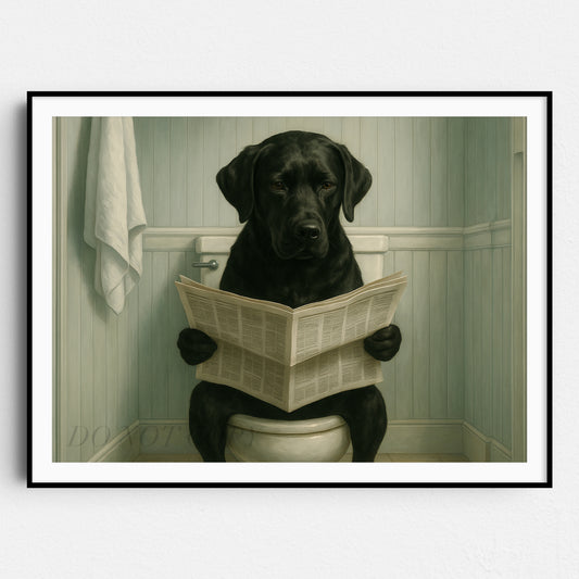 Black Labrador Retriever Reading The Newspaper On The Toilet