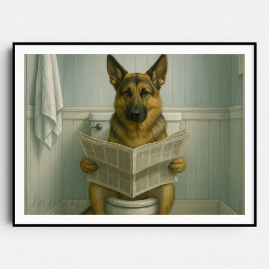 German Shepherd Reading The Newspaper On The Toilet