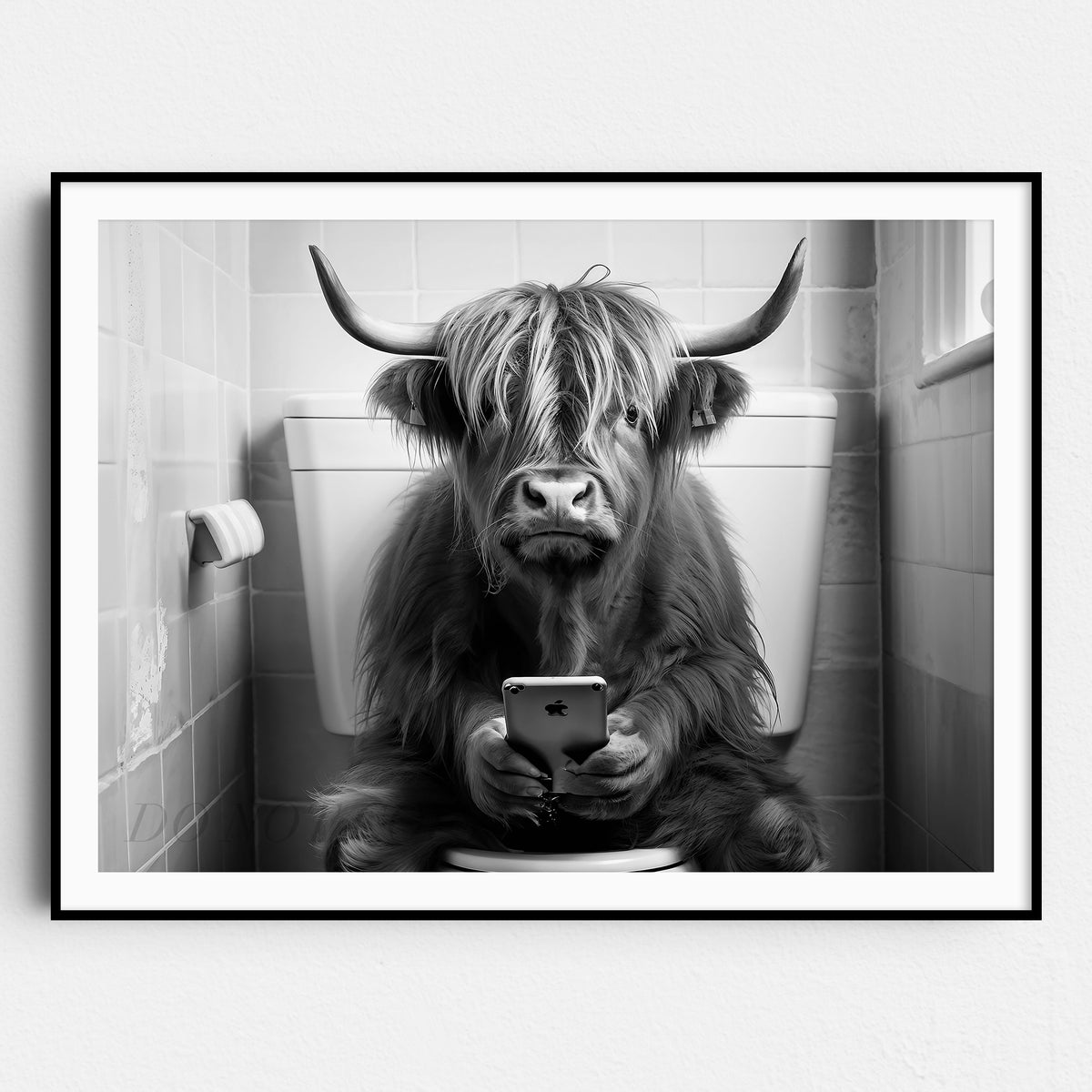 Highland Cow On The Phone On The Toilet II