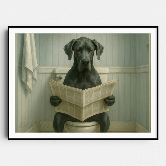Great Dane Dog Reading The Newspaper On The Toilet