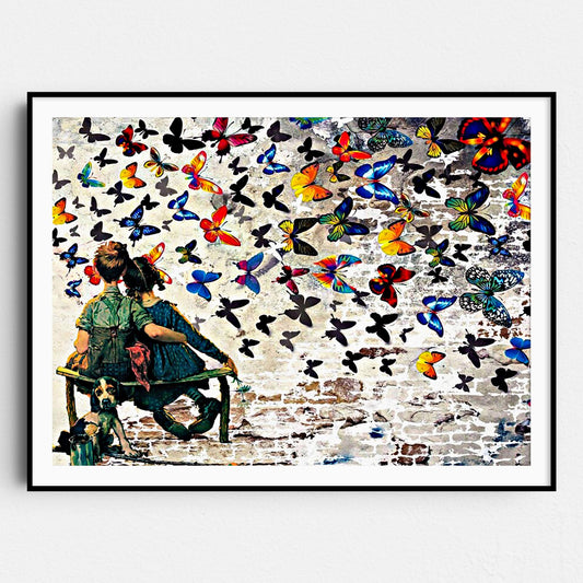 Banksy Butterfly Kids On Bench