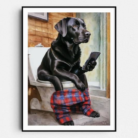 Black Labrador Retriever On Phone On Toilet