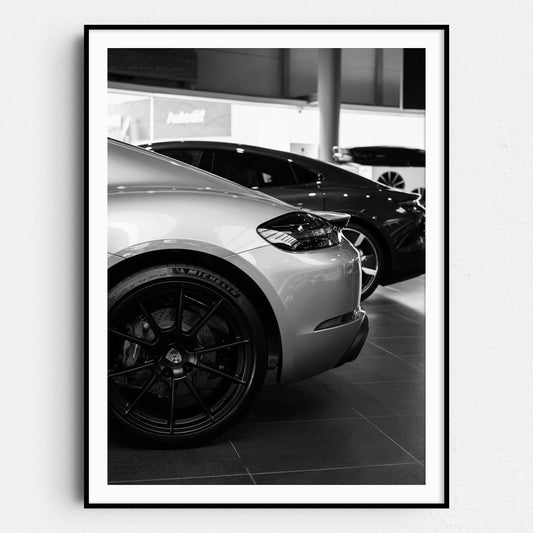 Black & White Porsche in the Showroom