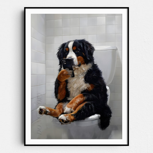 Bernese Mountain Dog On The Phone On The Toilet