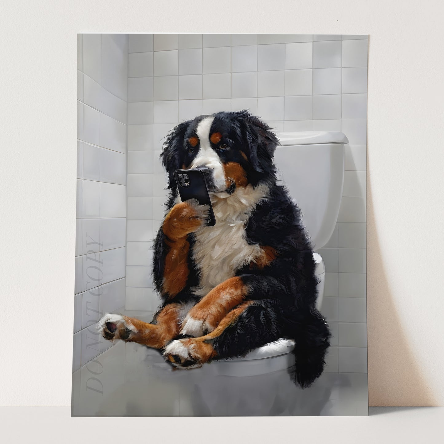Bernese Mountain Dog On The Phone On The Toilet