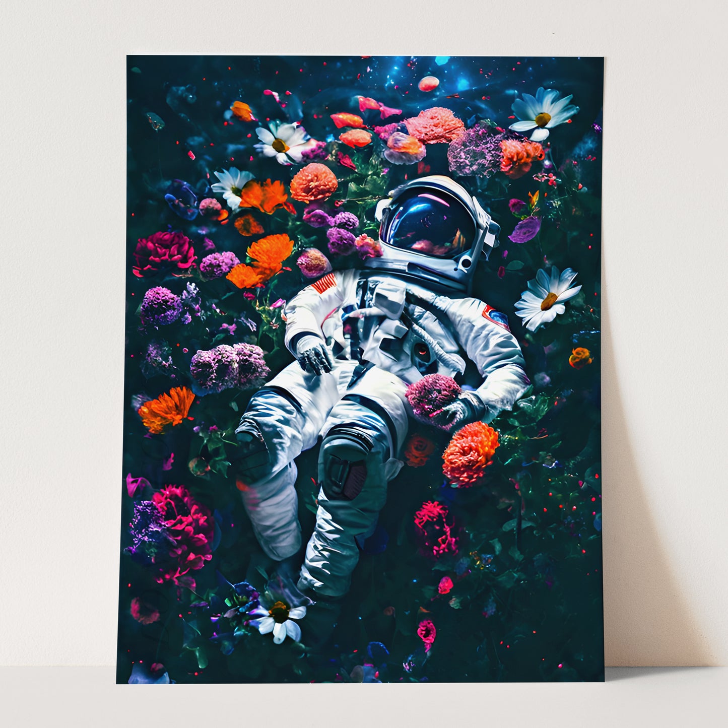 Astronaut Lying in Bed of Flowers