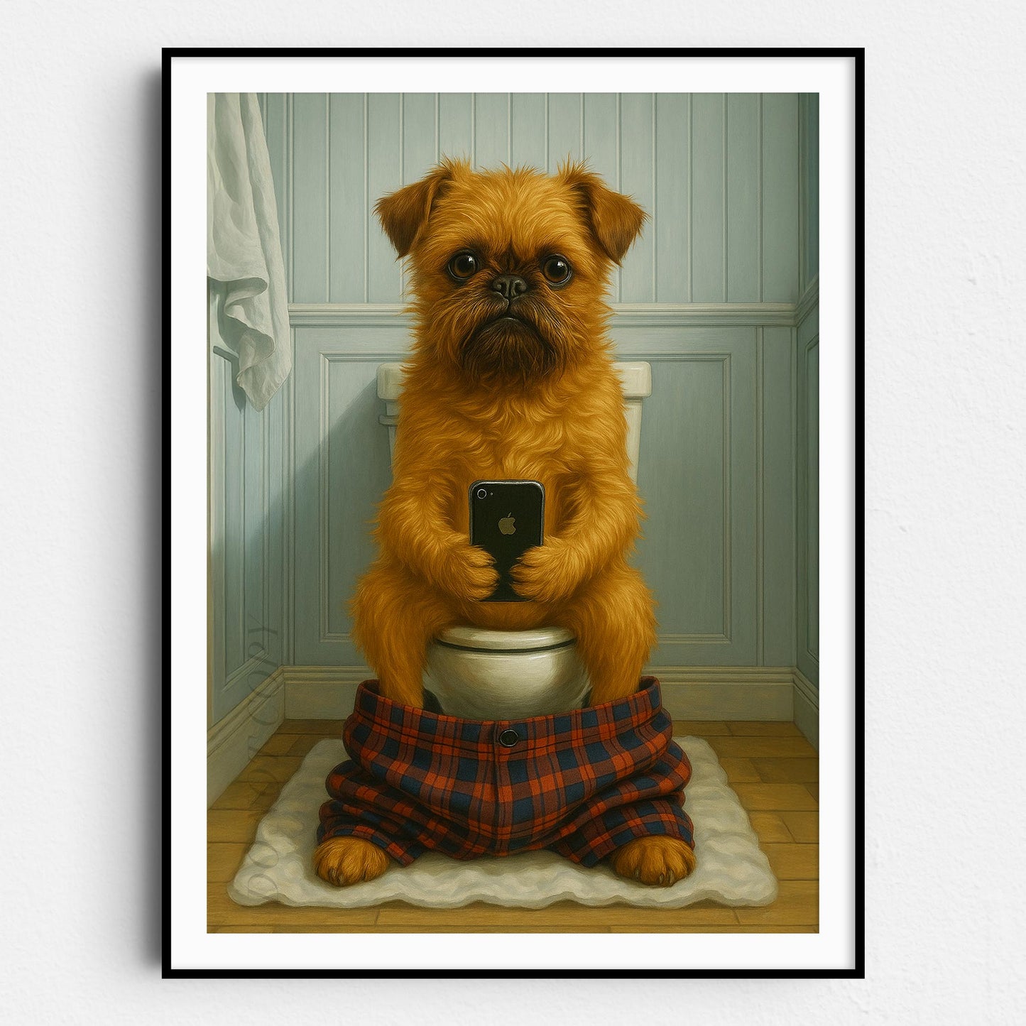 Brussels Griffon Dog On The Phone On The Toilet