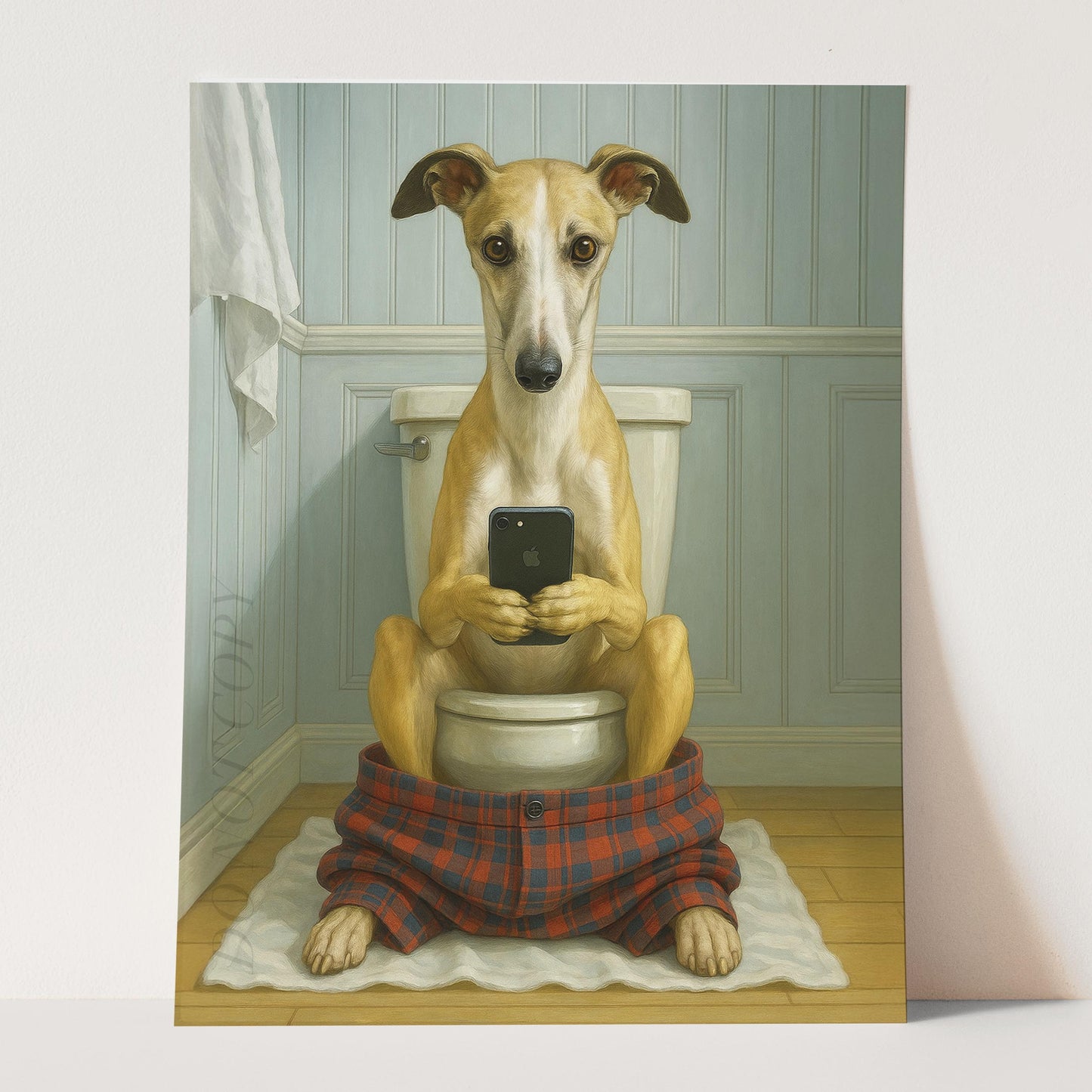 Whippet Dog On The Phone On The Toilet