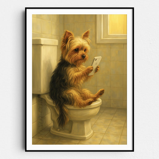 Yorkshire Terrier Dog On The Phone On The Toilet
