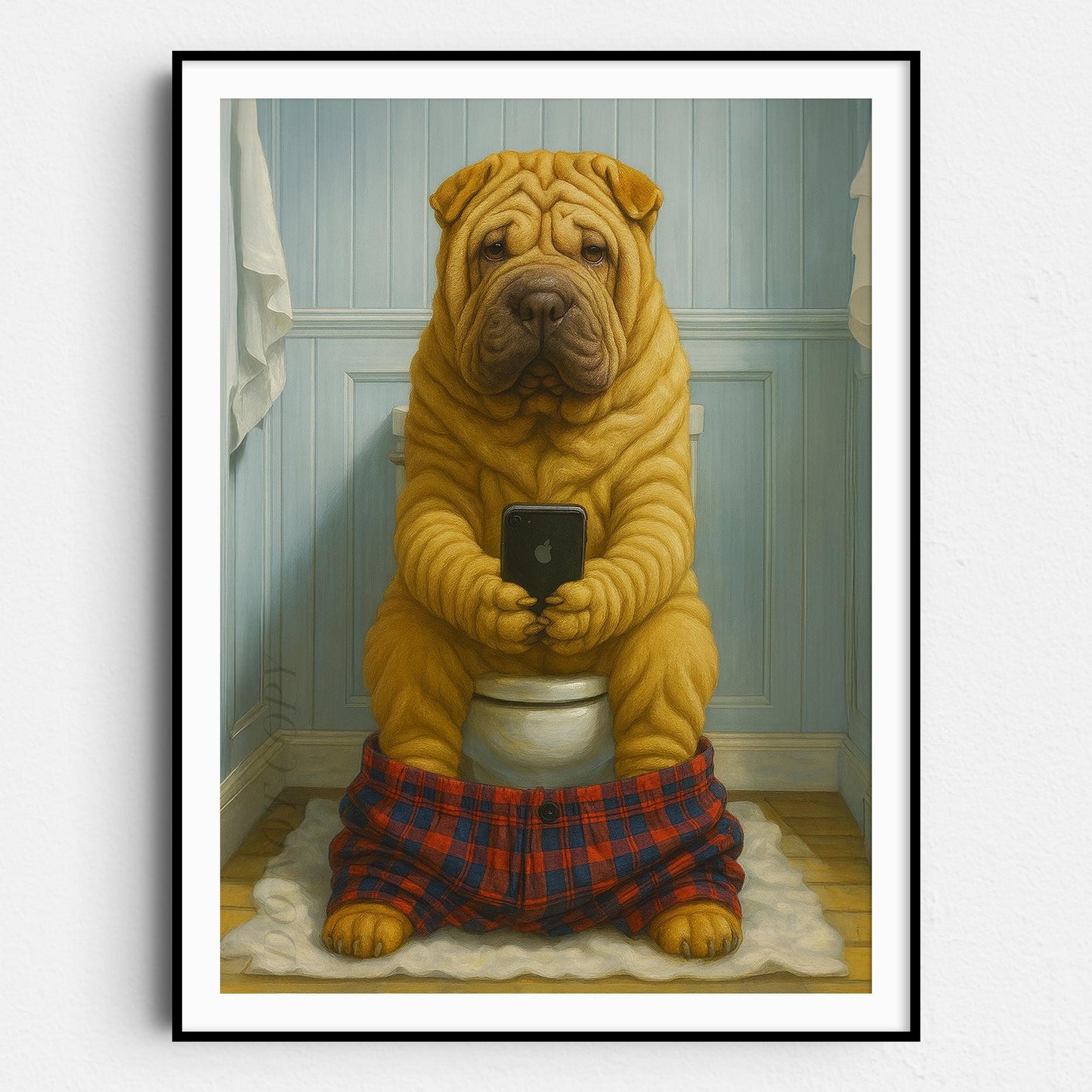 Chinese Shar-Pei Dog On The Phone On The Toilet