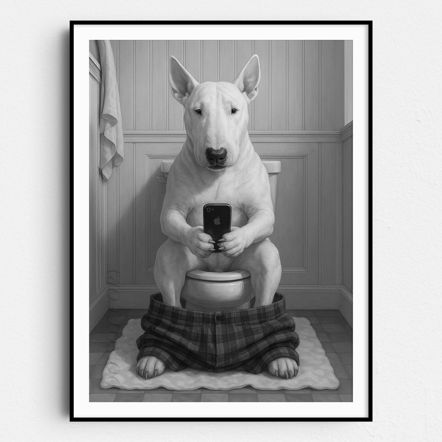 Bull Terrier Dog On The Phone On The Toilet