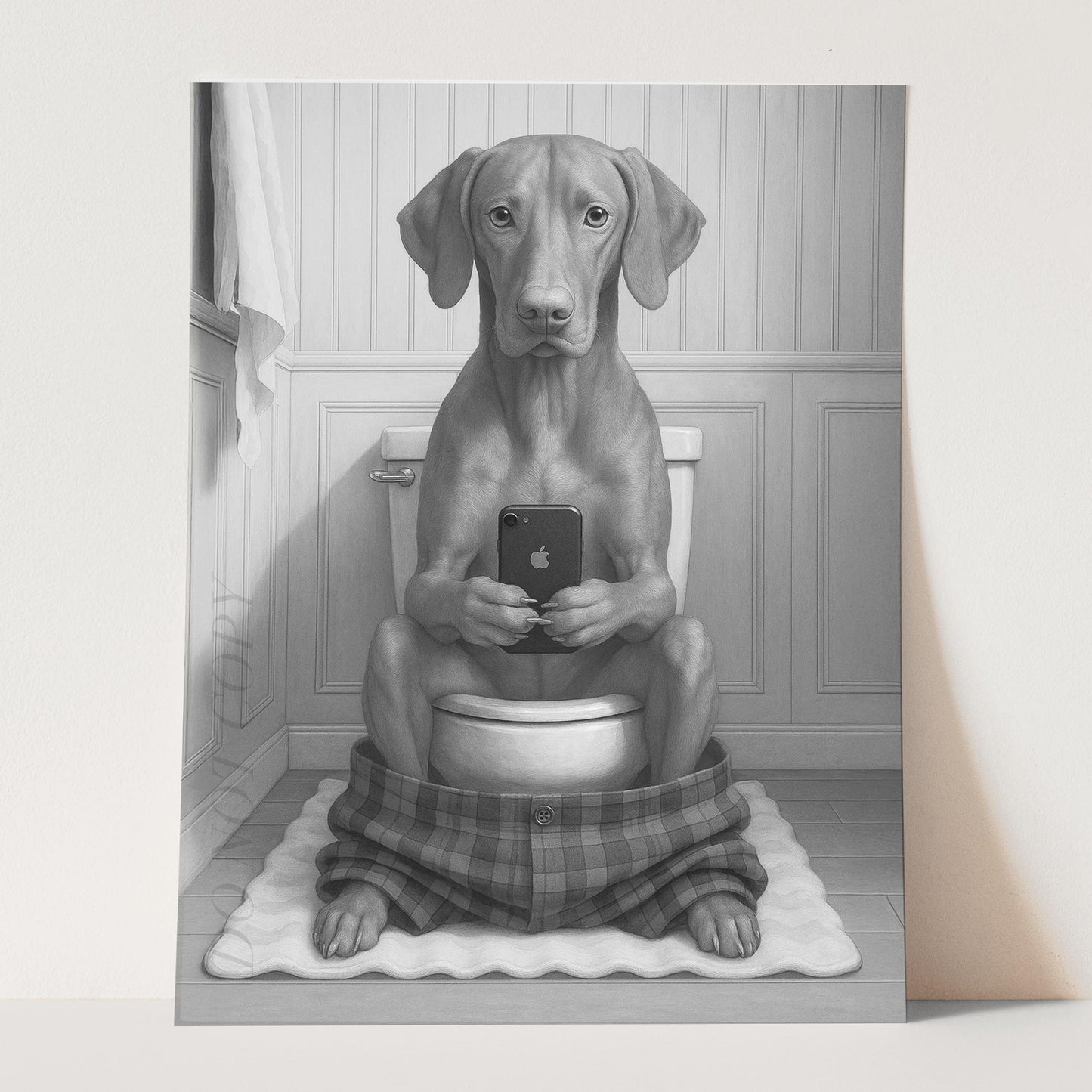 Vizsla Dog On The Phone On The Toilet