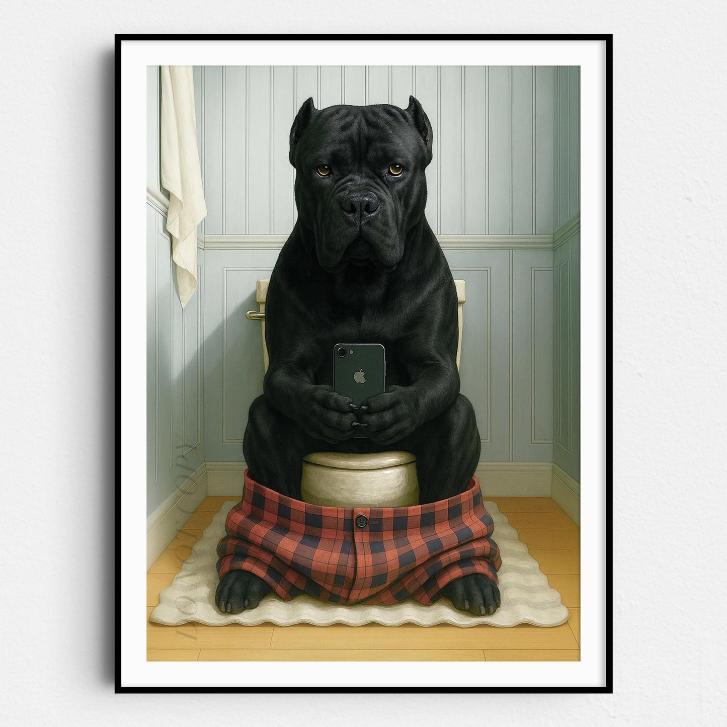 Cane Corso Dog On The Phone On The Toilet