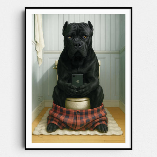 Cane Corso Dog On The Phone On The Toilet