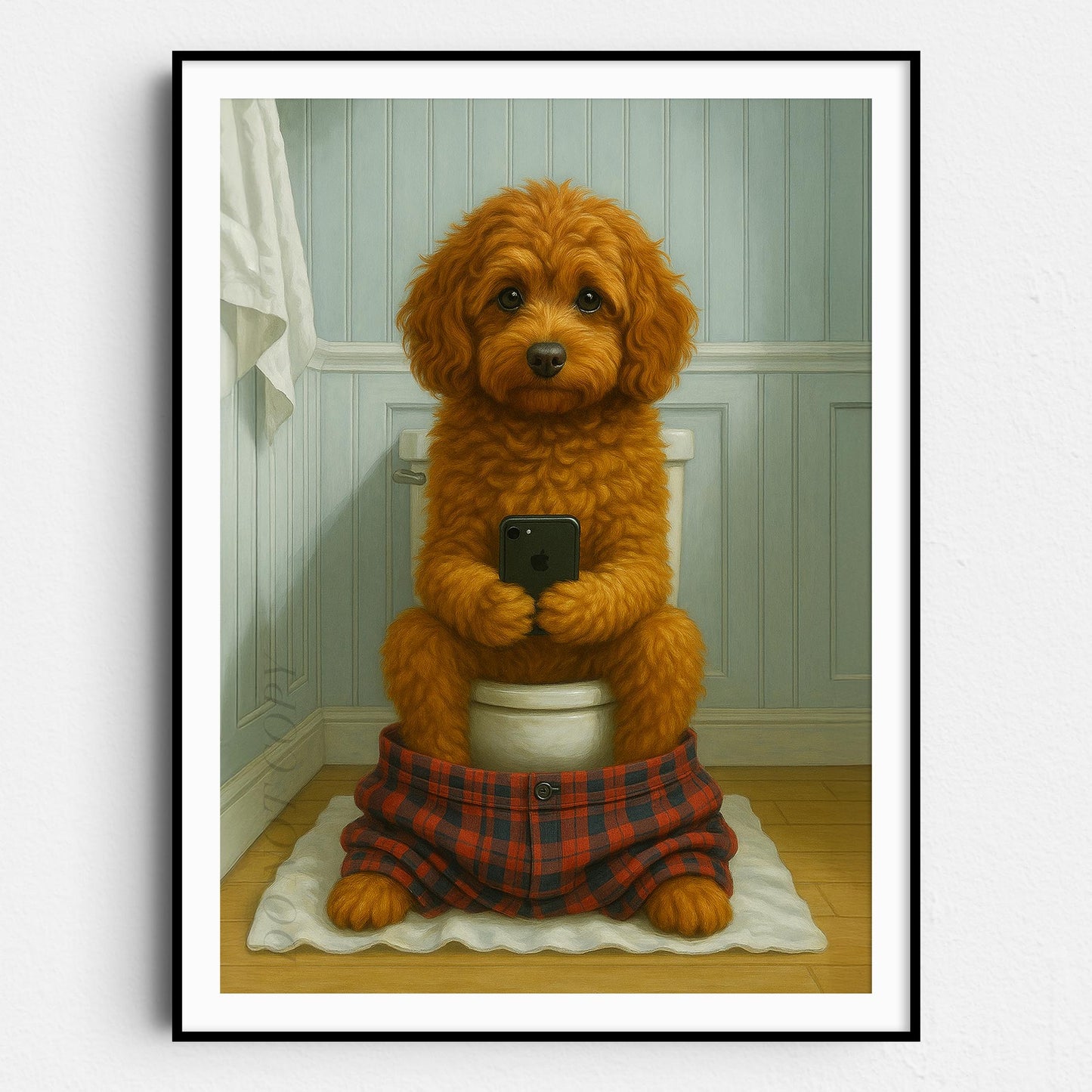 Cavapoo Dog On The Phone On The Toilet