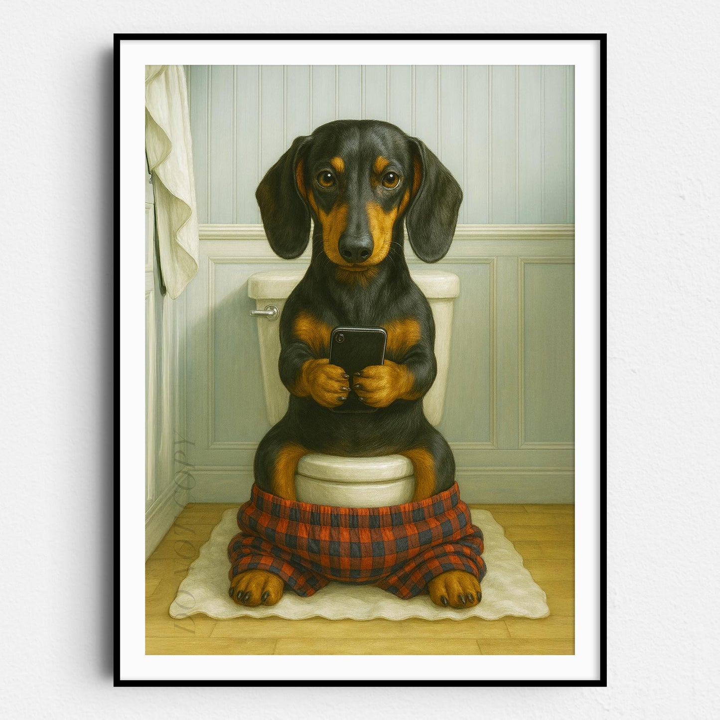 Dachshund Dog On The Phone On The Toilet