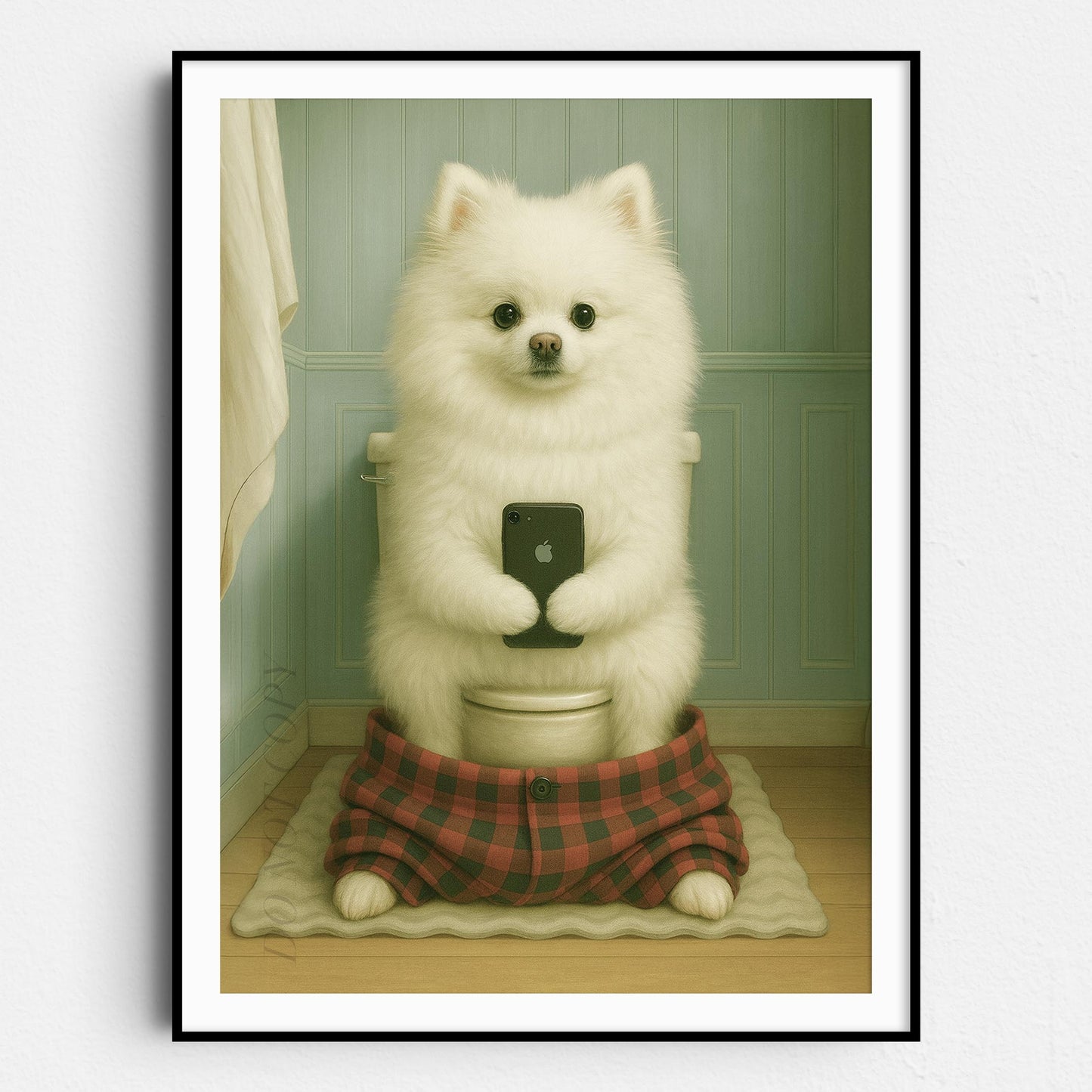 White Pomeranian Dog On The Phone On The Toilet