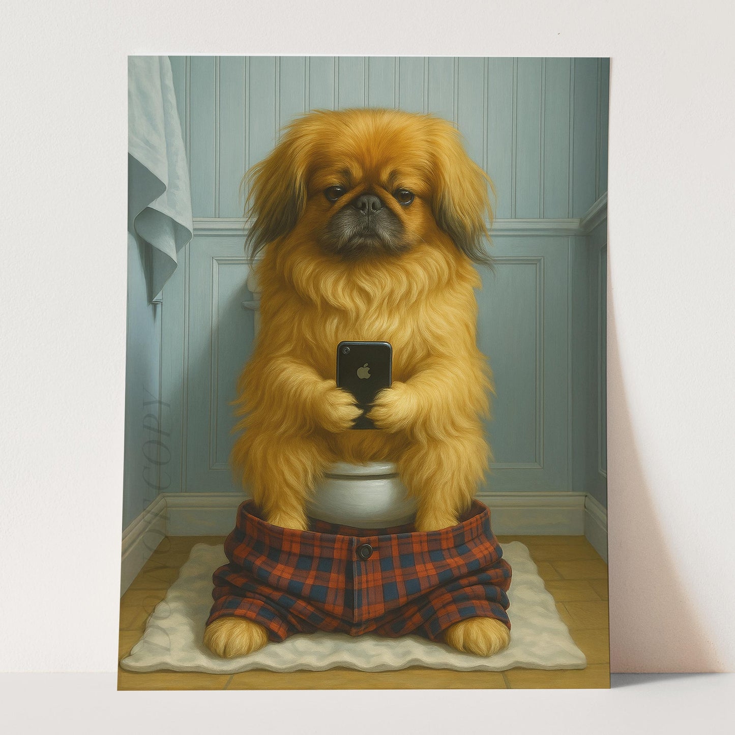 Pekingese Dog On The Phone On The Toilet