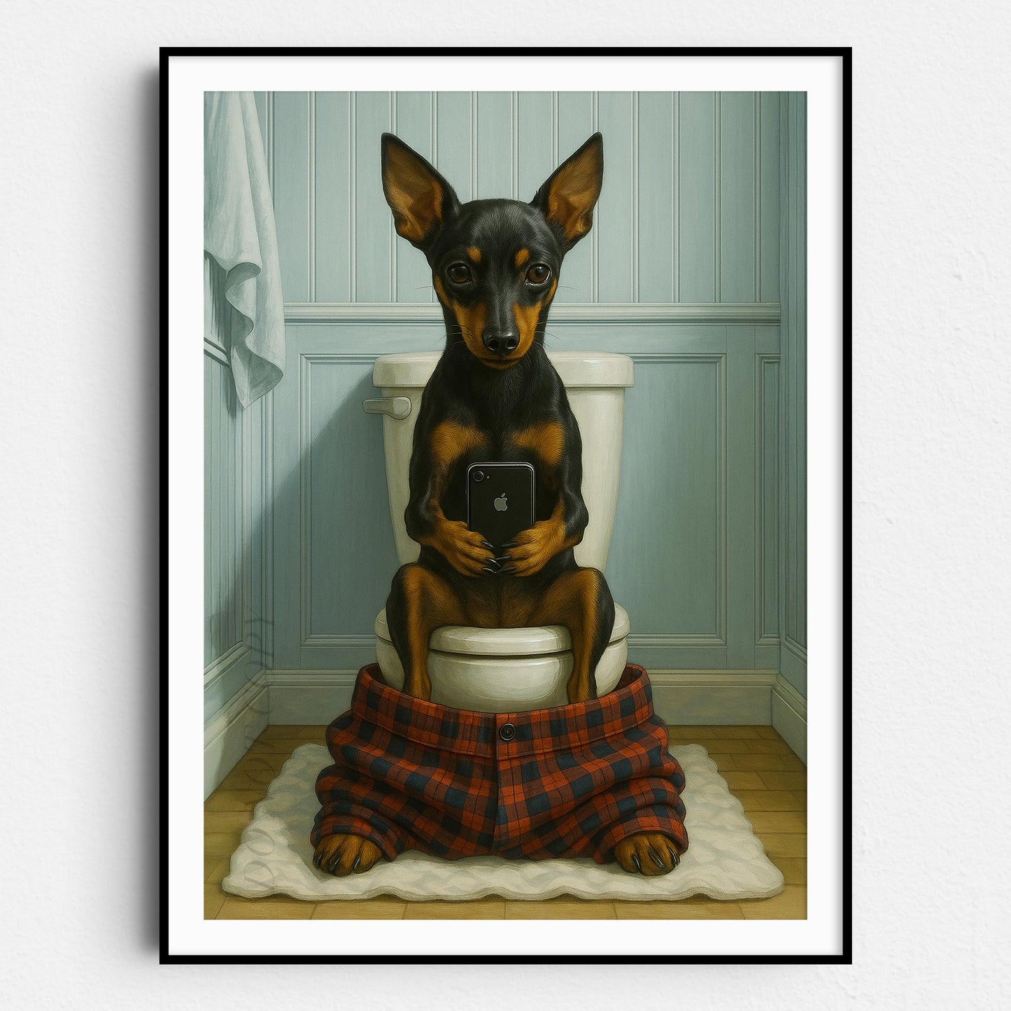 Miniature Pinscher Dog On The Phone On The Toilet