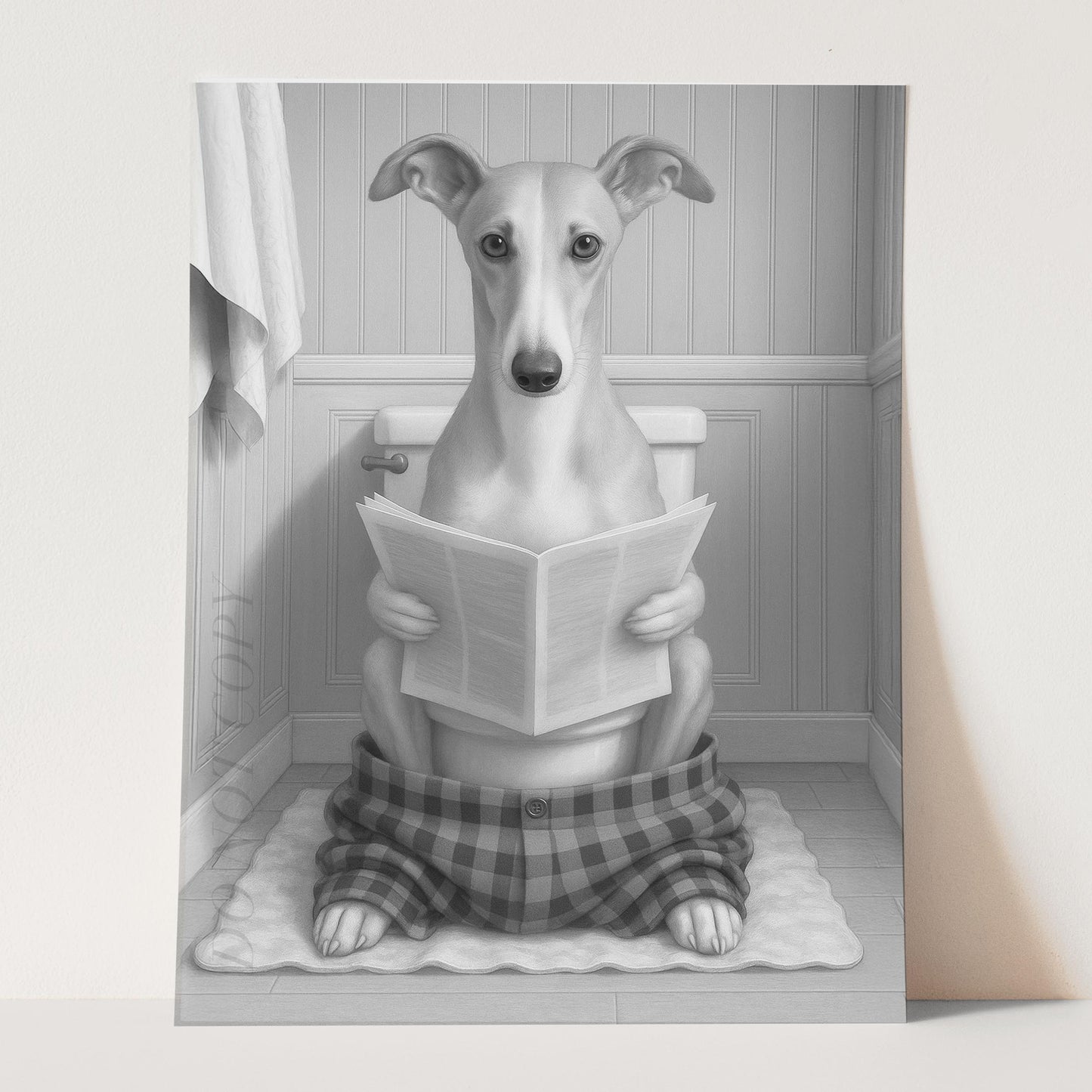 Greyhound Dog Reading The Newspaper On The Toilet