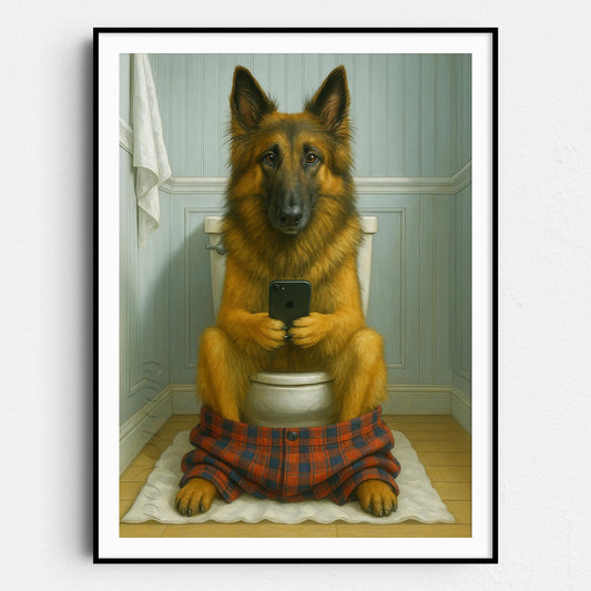 Belgian Tervuren Dog On The Phone On The Toilet