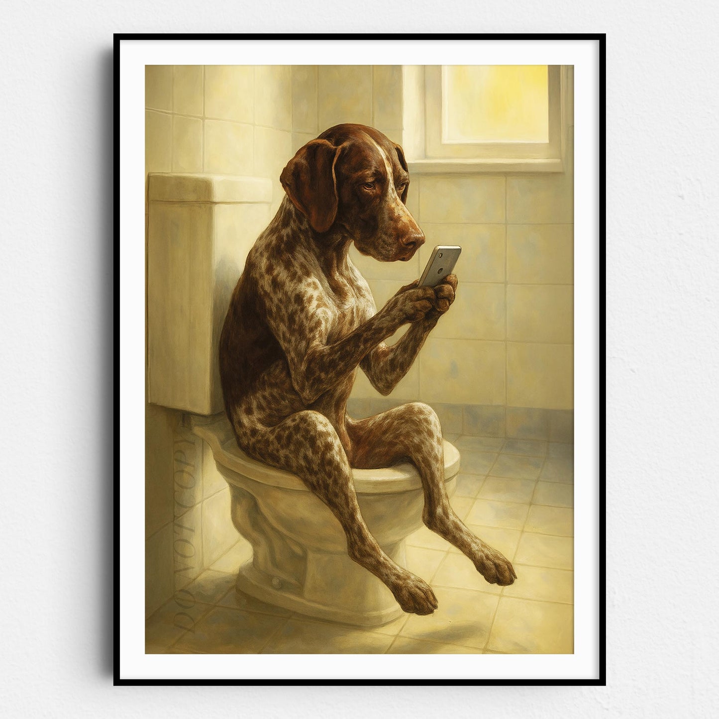 German Shorthaired Pointer Dog On The Phone On The Toilet
