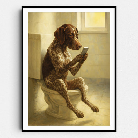 German Shorthaired Pointer Dog On The Phone On The Toilet