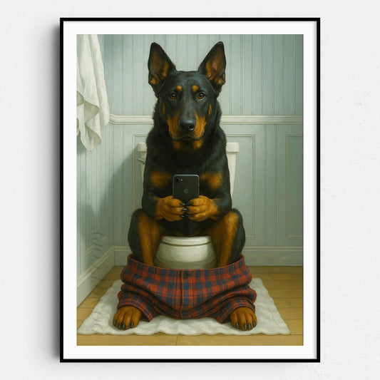 Beauceron Dog On The Phone On The Toilet