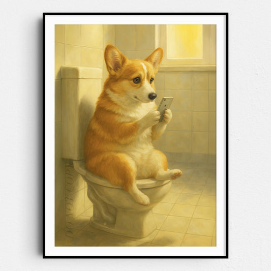 Corgi Dog On The Phone On The Toilet
