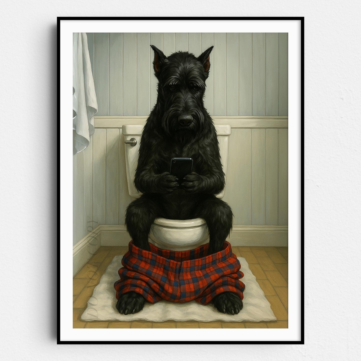 Giant Schnauzer Dog On The Phone On The Toilet