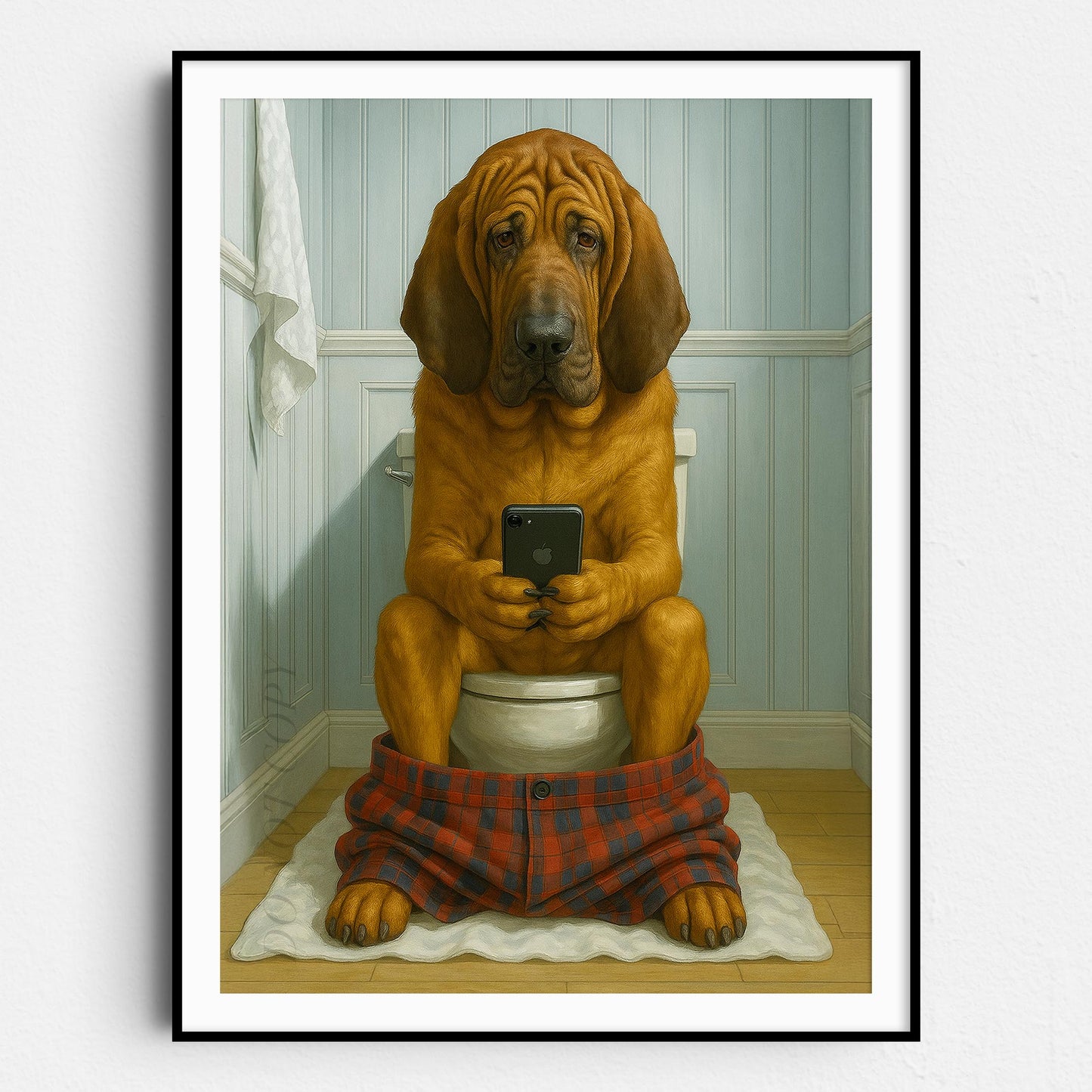 Bloodhound Dog On The Phone On The Toilet