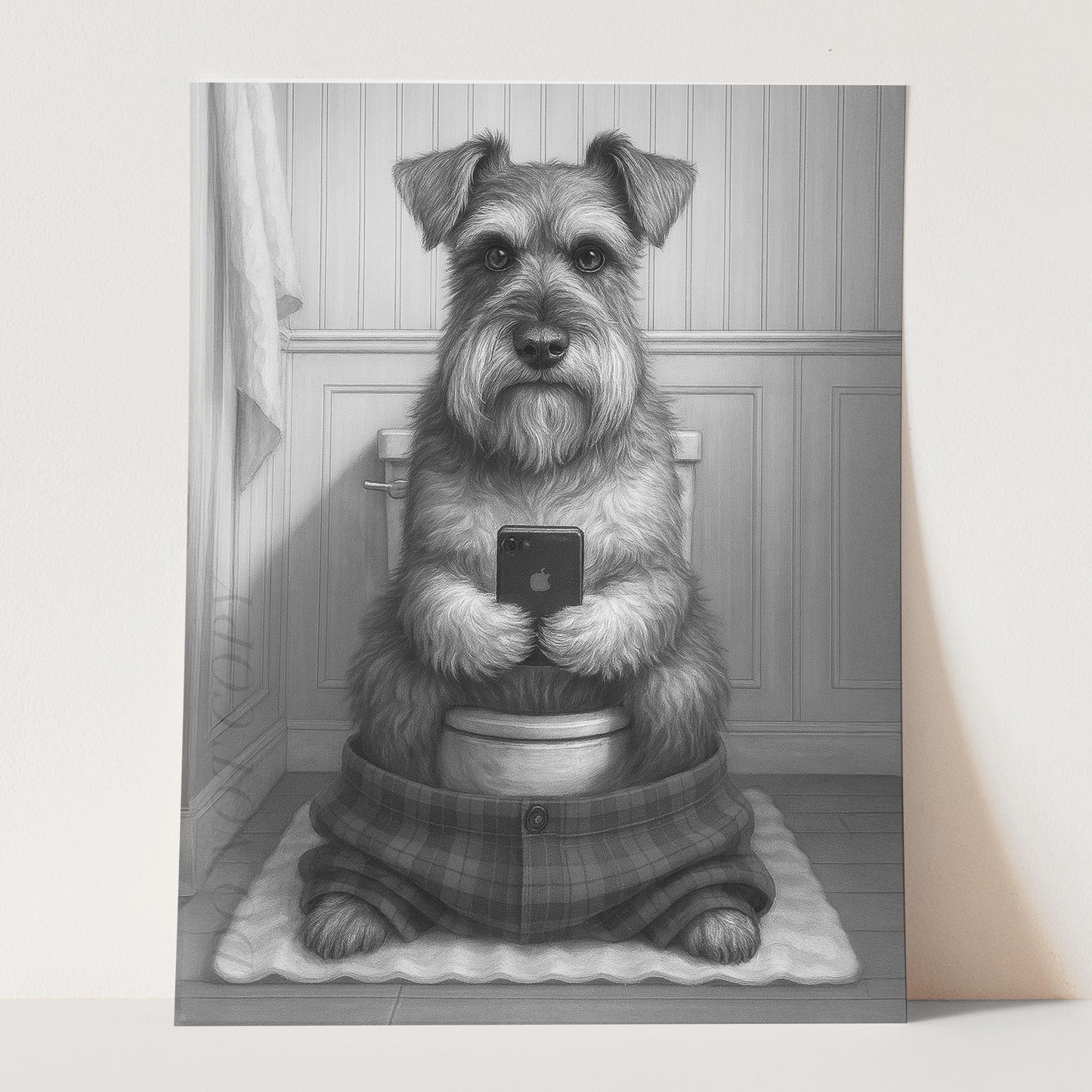 Schnauzer Dog On The Phone On The Toilet