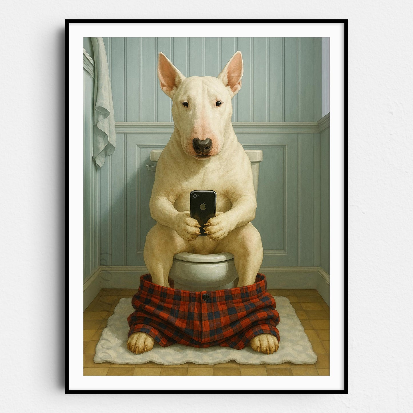 Bull Terrier Dog On The Phone On The Toilet