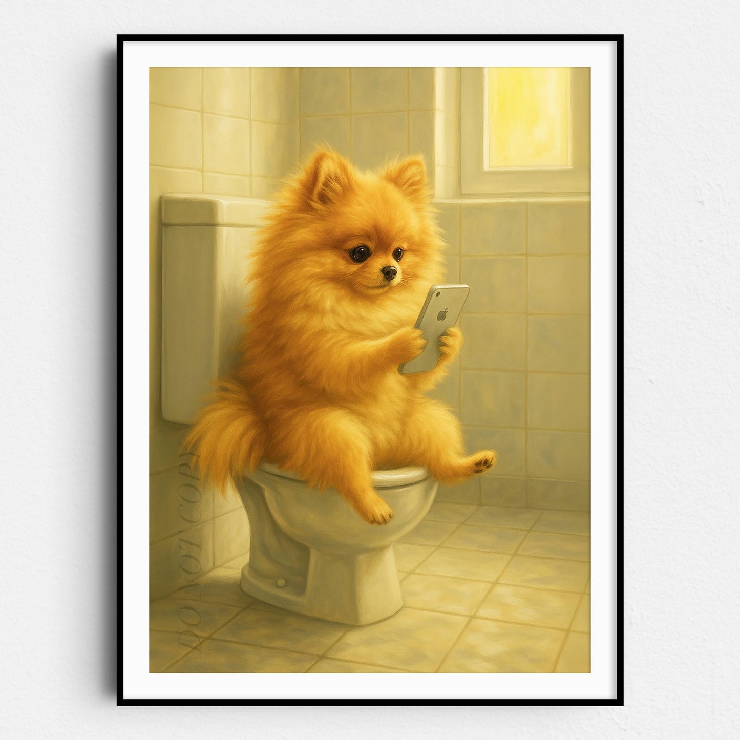 Pomeranian Dog On The Phone On The Toilet