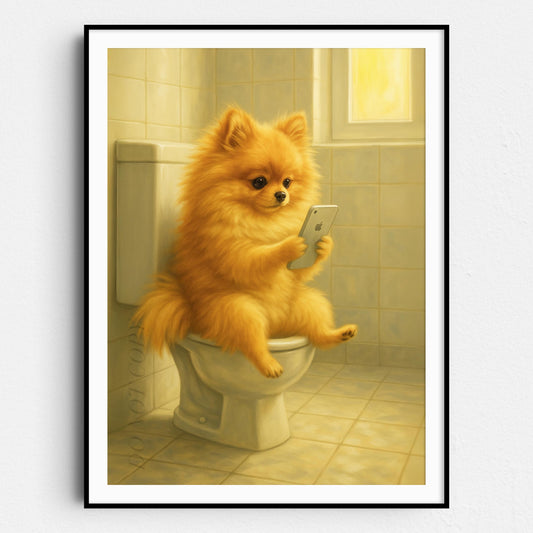 Pomeranian Dog On The Phone On The Toilet