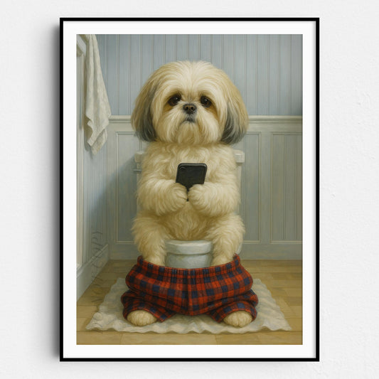 Shih Tzu Dog On The Phone On The Toilet