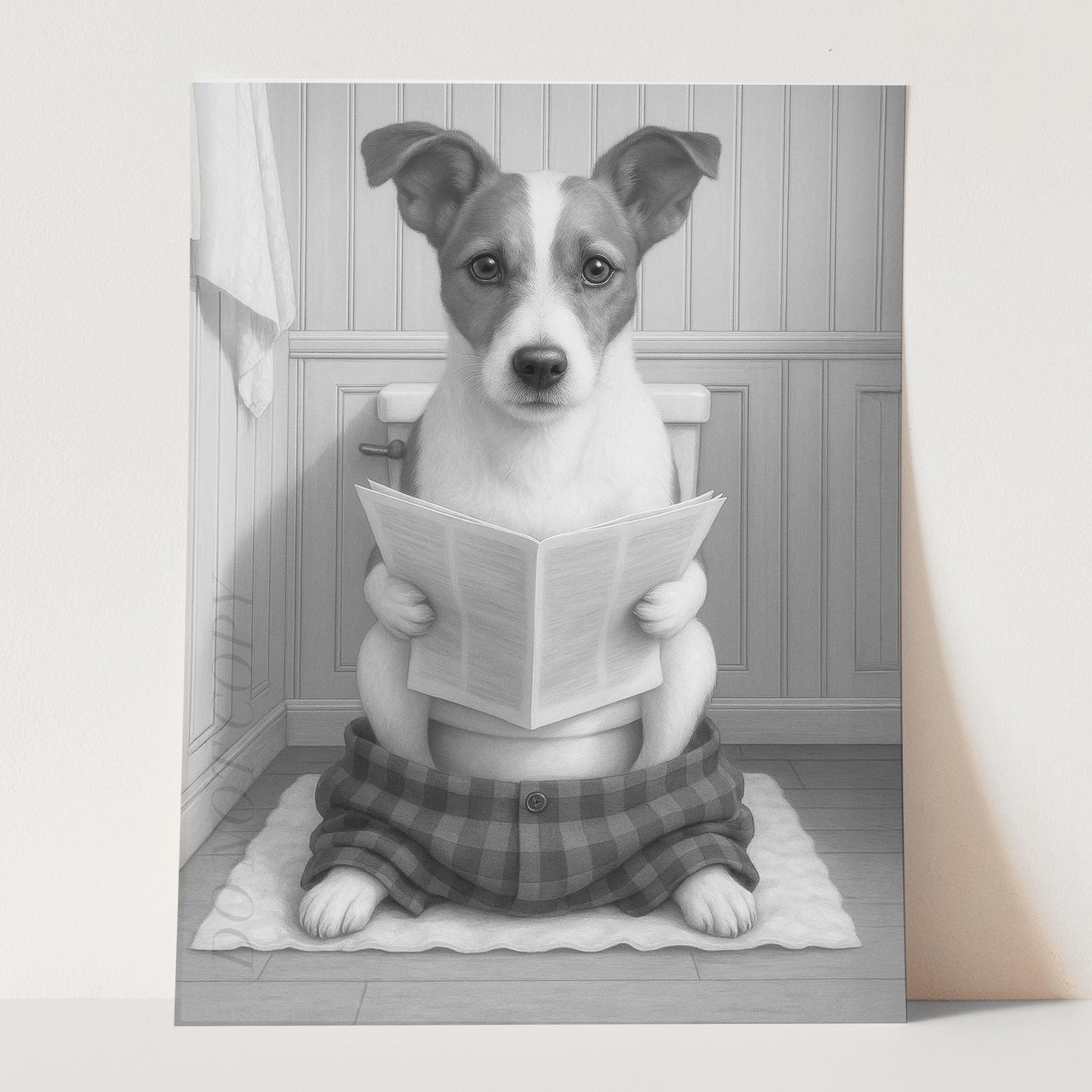 Jack Russell Terrier Dog Reading The Newspaper On The Toilet