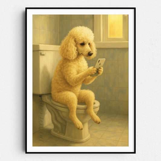 Poodle Dog On The Phone On The Toilet