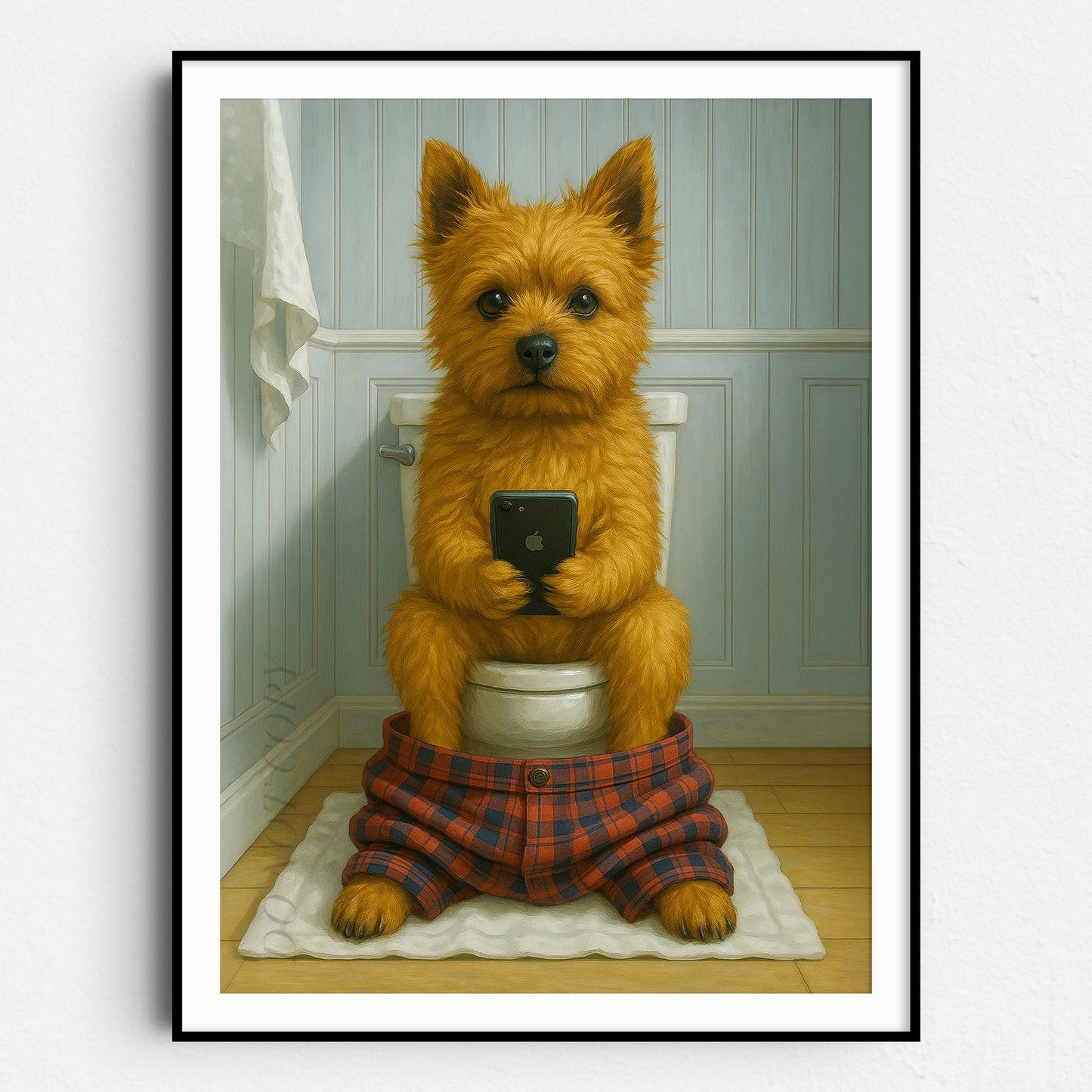 Norwich Terrier Dog On The Phone On The Toilet